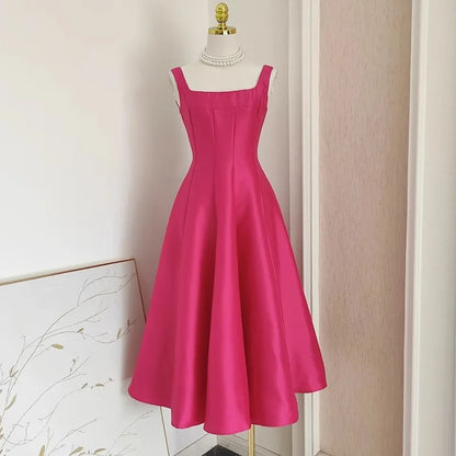 Square Collar Evening Dress French Hepburn Style Niche Temperament Retro Sling Slim Waist Wedding Party Dresses Fluffy Prom Robe
