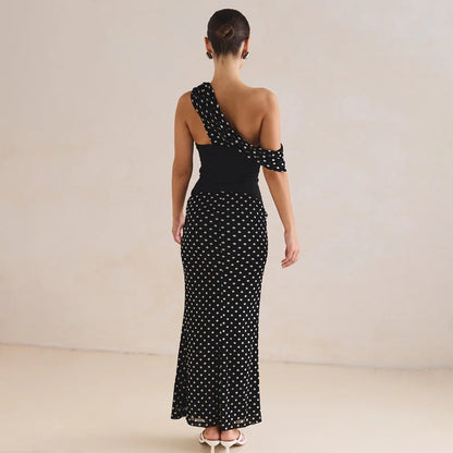 Personalized Design Diagonal Neck Off-the-shoulder Polka Dot Dress Female Sexy Slim Mesh See-through Backless Dress