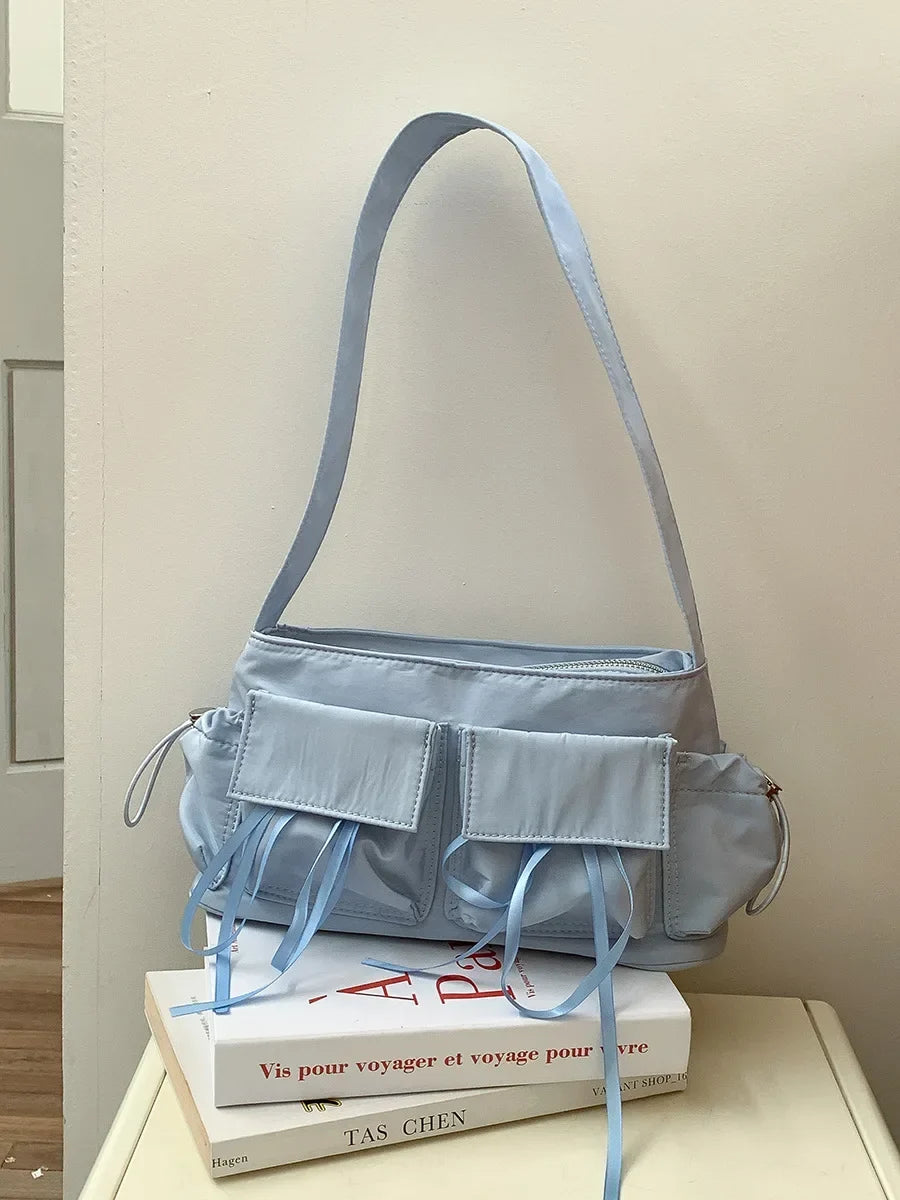 Sweet Girls Bowknot Nylon Shoulder Women Bag Korean Niche Design Bow Summer Travel Beach Bag Female Totes Bags for Women Handbag