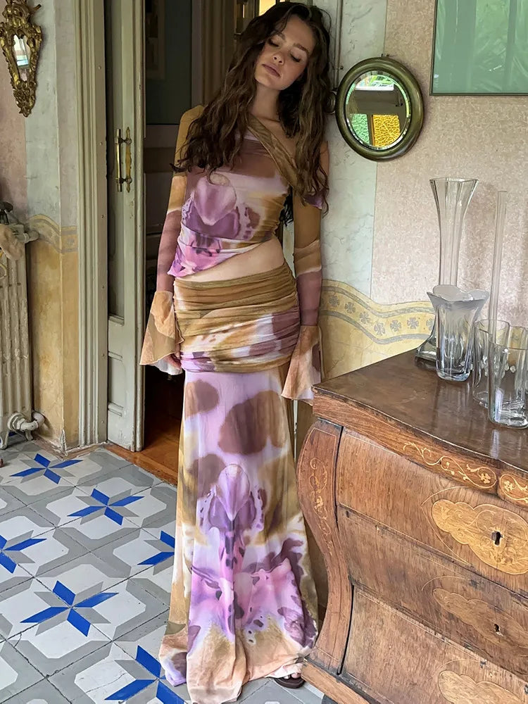 Contrasted Printed Maxi Dress 2 Piece Set Women's Sexy Off-Shoulder Top Long Sleeve Bodycon Long Dress Casual Outfit