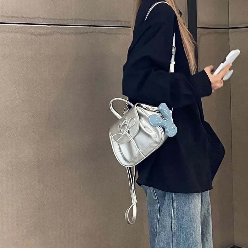 Silver Fashion Womens Shoulder Bag College Style Vintage Small Leather Backpack Sweet Cute Summer Casual Commuter Girl Bag
