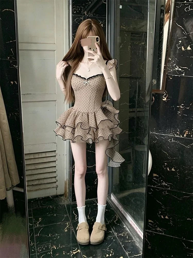 French Style Celebrity Polka Dot Mesh Sling Dress Ball Gown Elegant Slim Waist Vestidos Pure Desire Premium Age Reduction Robe
