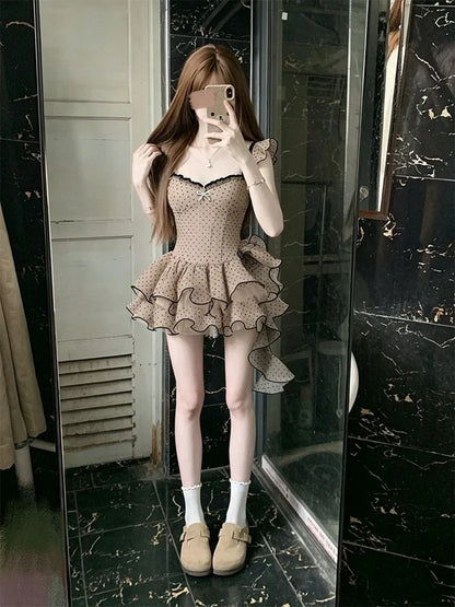 French Style Celebrity Polka Dot Mesh Sling Dress Ball Gown Elegant Slim Waist Vestidos Pure Desire Premium Age Reduction Robe