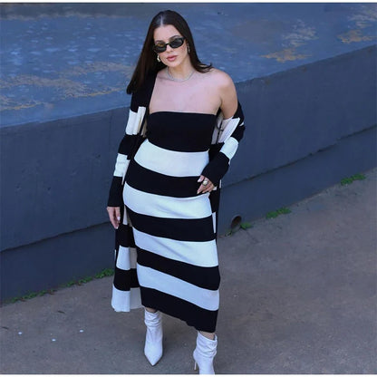 Elegant Striped Knit Cardigan Dress Women Outfit Long Sleeve Button Jacket Tube Sleeveless Dresses Spring Autumn Lady Set