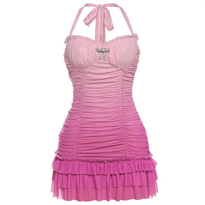 Folds Gradient Dress Women Halter Bandage Multilayer Ruffles Metal Trim Low-Neck Sleeveless Backless Summer Mini Bodycon
