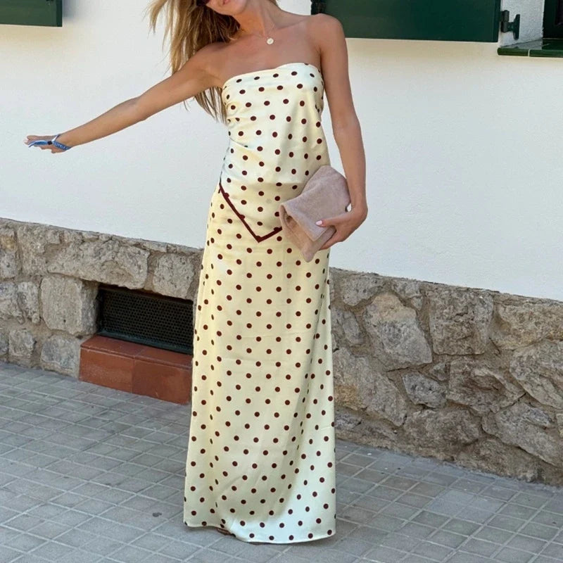 Women Satin 2Piece Skirt Sets Summer Trendy Polka Dot Outfit Y2k Strapless Tube Top + Maxi Skirt Silky Going Out Set