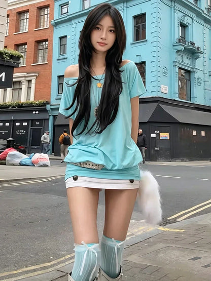 Sexy Diagonal Collar Dress Women Backless Bandage Short Sleeve Solid Loose Simple Classic Street Sexy Hottie Bodycon
