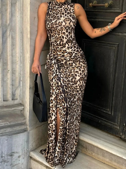 Woman Elegant Leopard Print Bandage Long Dress 2024 Summer Sexy O-neck Sleeveless Tunics Bodycon Slit Evening Party Dresses