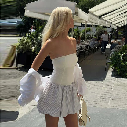 Elegant Contrast Color Strapless Backless Striped Dress Slim Fit For Women Patchwork Folds Vest Dress Party Club Clothes
