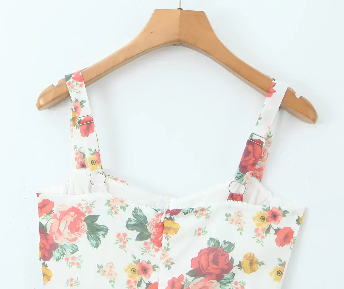 Sweetheart Neck Floral Print Bustier Tiered Ruffle Midi Dress