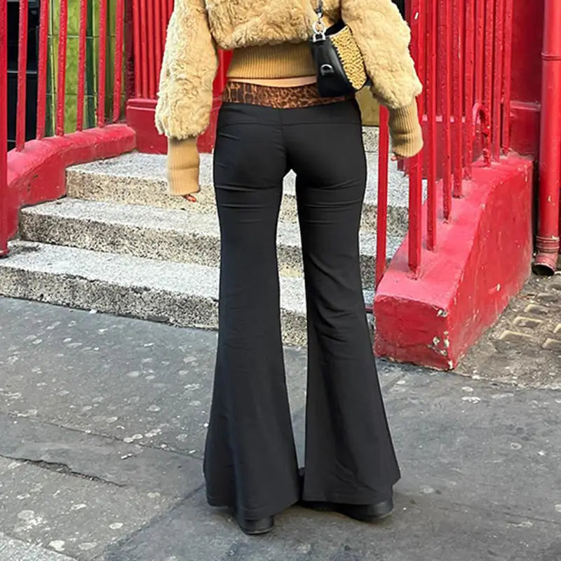 Leopard Print Patchwork Low Waist Flared Pants For Women To Slim Down Fashionable 2024 Spring Casual Solid Color Trousers