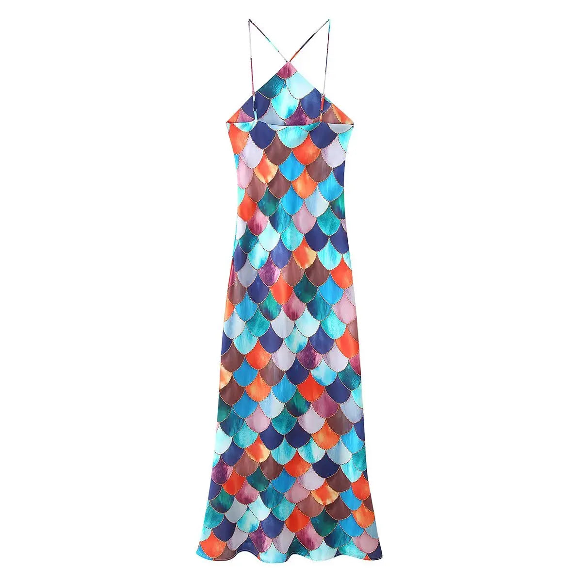 Halter Neck Fish Scale Mosaic Print Bodycon Maxi Dress