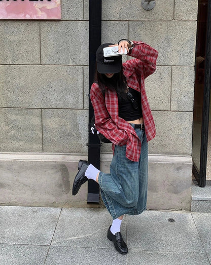 Women's Oversized Check Pocket Detail Shirt