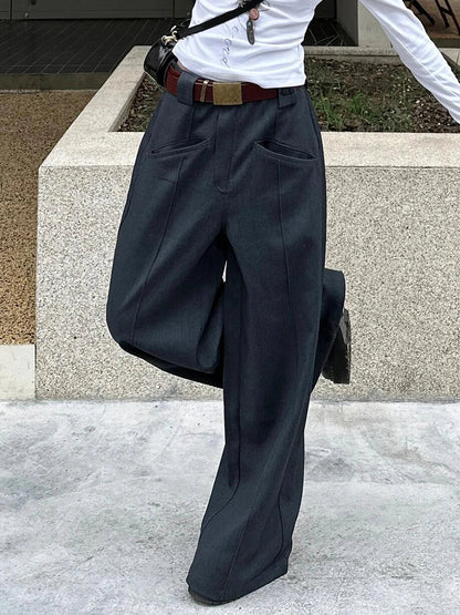 Retro Gray Solid Suit Pants Women Big Size Pleated Front High Waist Straight Wide Leg Trousers Cleanfit Work Casual Clothes