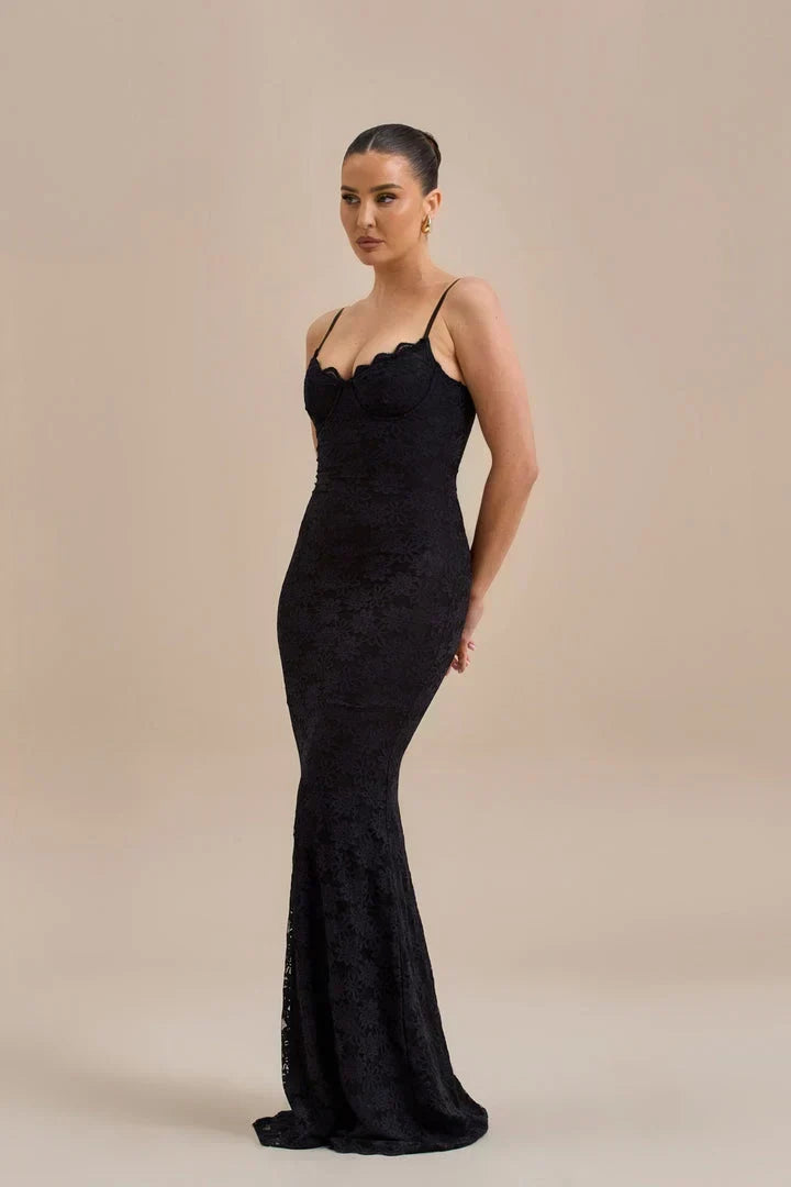 Sweetheart Spaghetti Strap Floral Lace Bustier Mermaid Maxi Gown