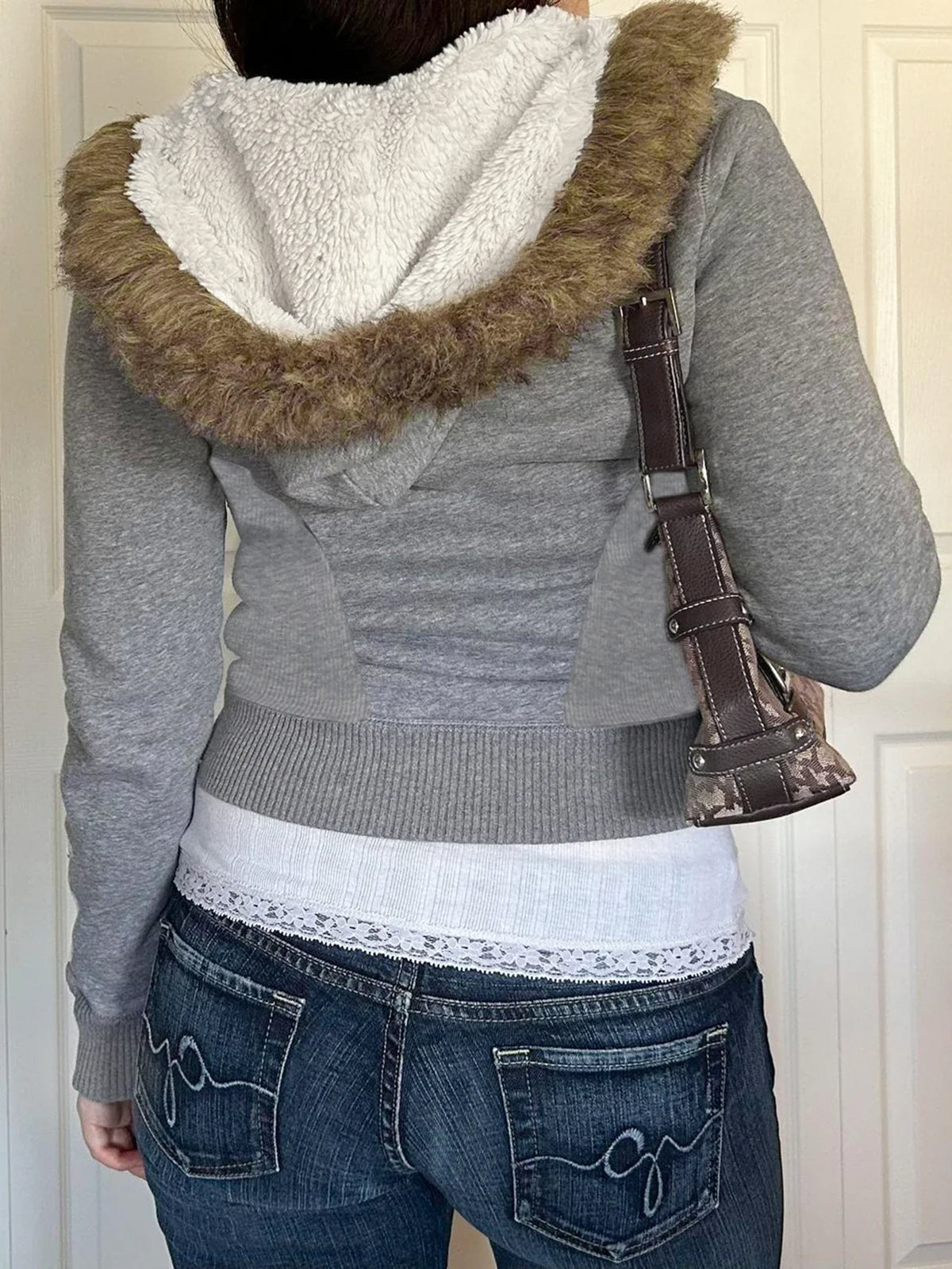 Preppy Style Fur Trim Hooded Sweatshirt Coats Winter Casual Warm Thick Zipper Long Sleeve Hoodies Women Streetwear
