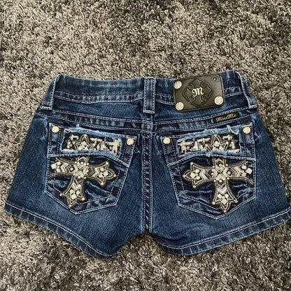 Retro Gothic Personalized Pocket Cross Pattern Embroidered Low Waist Mini Shorts y2k Street Beach Hot Girl Sexy Cowboy Shorts