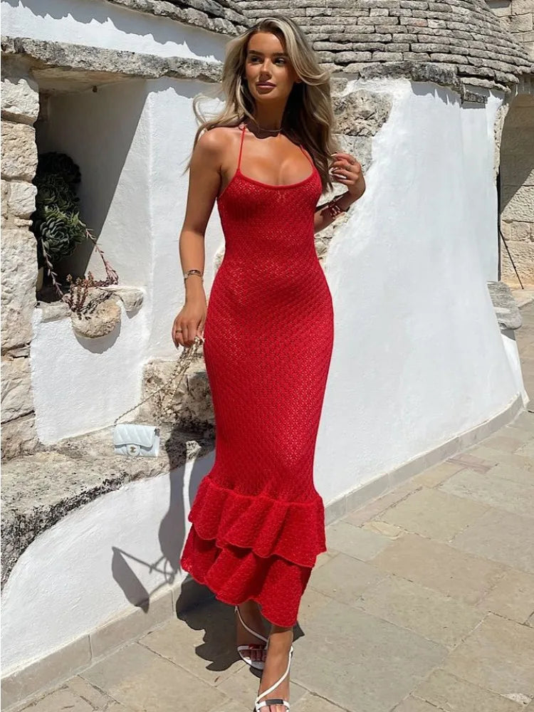 Open-Knit Halter Spaghetti Strap Tiered Ruffle Hem Midi Dress
