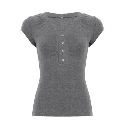 Casual Grey V-neck Crop Top Women Basic Skinny Short Sleeve Knitted T-shirts for Summer y2k Vintage Harajuku Tees Retro