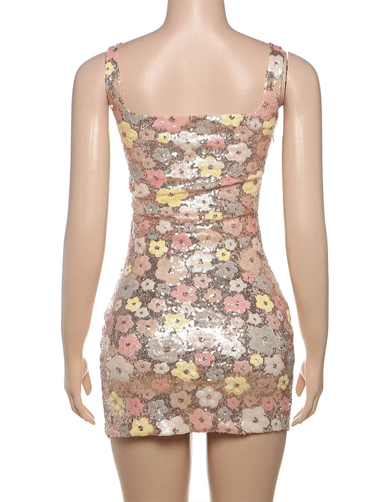 Flower Print Colorful Mini Dress Women Sequins Patchwork Skinny Backless Sleeveless Vacation Trend Elegant Sweet Outfits