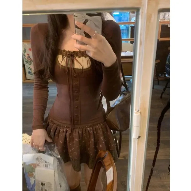 Korean Lace Up Patchwork Sexy Slim Long Sleeved T-shirt Women + Floral Printed Casual Cake Skirt Two-piece Suit Chic