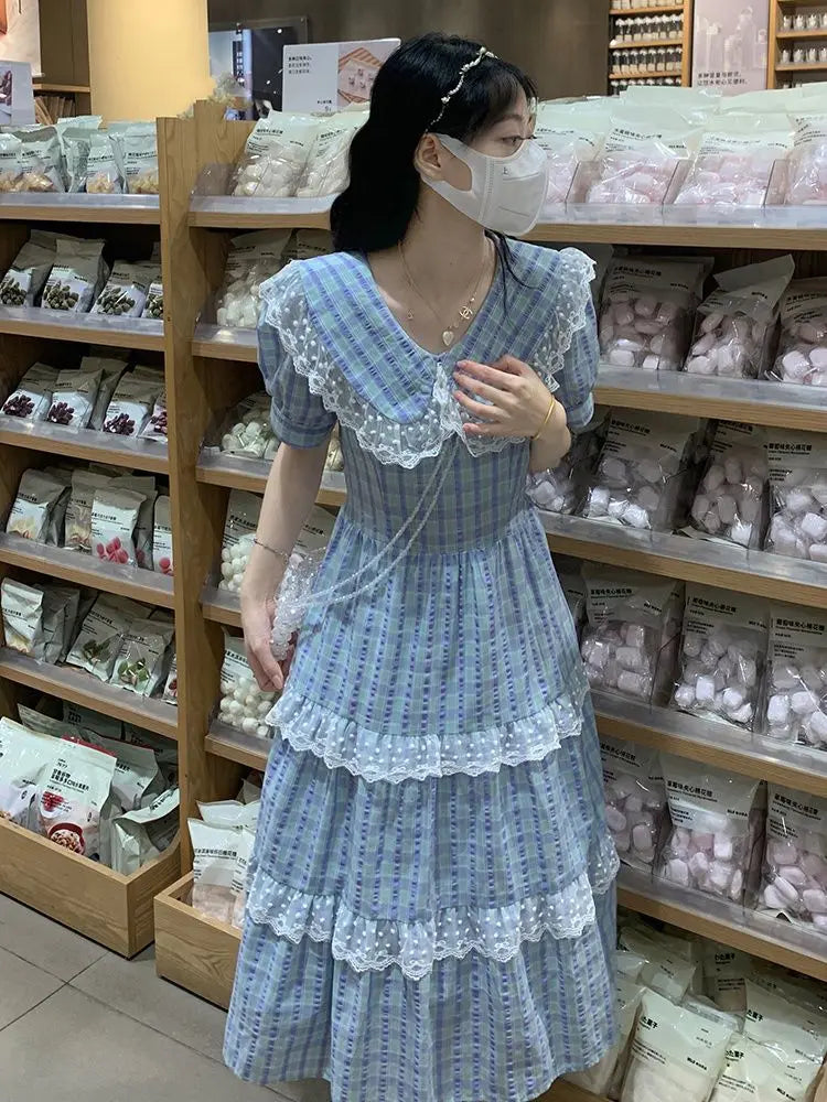 Dress Plaid Doll Collar Waist Sweet Knee-Length 2024 New Women'S Summer French First Love Gentle Style Long Skirt