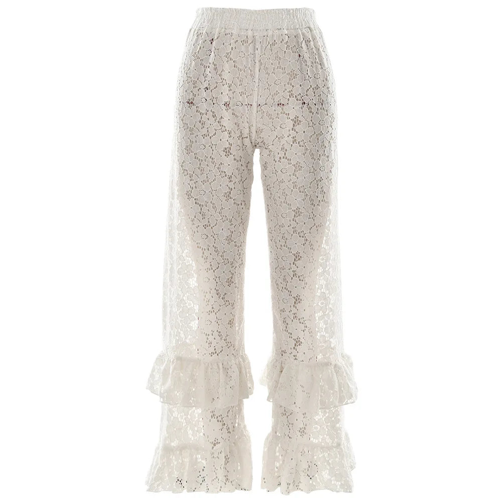 autumn and winter fashion sexy lace see-through trousers new style spliced ruffled versatile straight pants