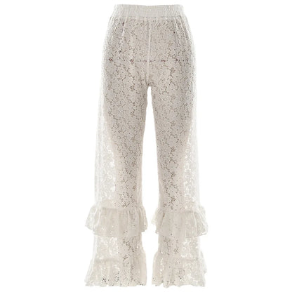 autumn and winter fashion sexy lace see-through trousers new style spliced ruffled versatile straight pants