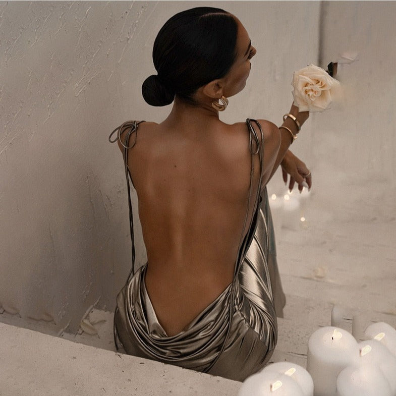 Spaghetti Strap Draped Open Back Liquid Metallic Floor Length Maxi Dress