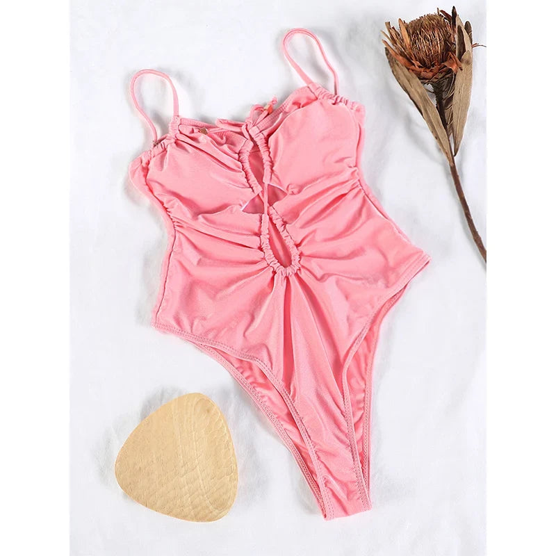 Sexy One Piece Suits String Swimsuit Women 2024 Hollow Out Swimwear Bandage Bathing Suit Pink Monokini High Cut Beachwear Summer