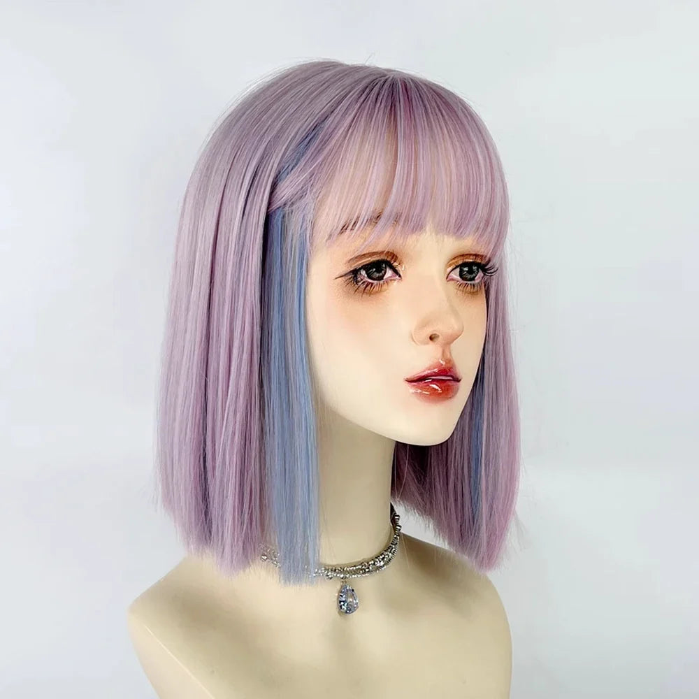 Bob Short Straight Purple Blue Mixed Synthetic Wig with Bangs Lolita Cosplay Women Fluffy Wig for Daily Party