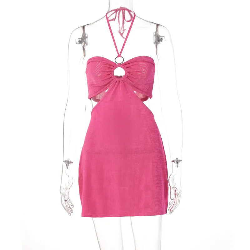 spring new sweet women's hollow fashion dress hanging neck Lace-up skirt wrap chest