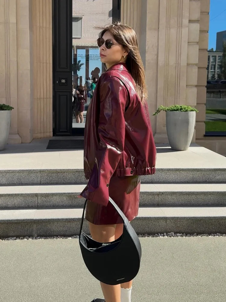 Women Elegant Ancora Red Zipper Leather Jacket 2 Piece Set Fashion High Waist Solid Cropped Mini Skirt Suit Lady Streetwear