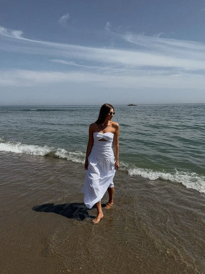 Sexy Hollow Pleated Backless Corset Maxi Dress Women Off Shoulder Solid Fashion Slim Dresses 2024 Summer Chic New Beach Robes