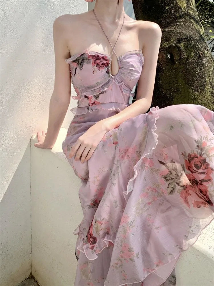 Woman Dress Sexy Elegant Sleeveless Floral Printed Spring Fashion Irregular Ruffles Holiday Hollow Out Backless Dresses