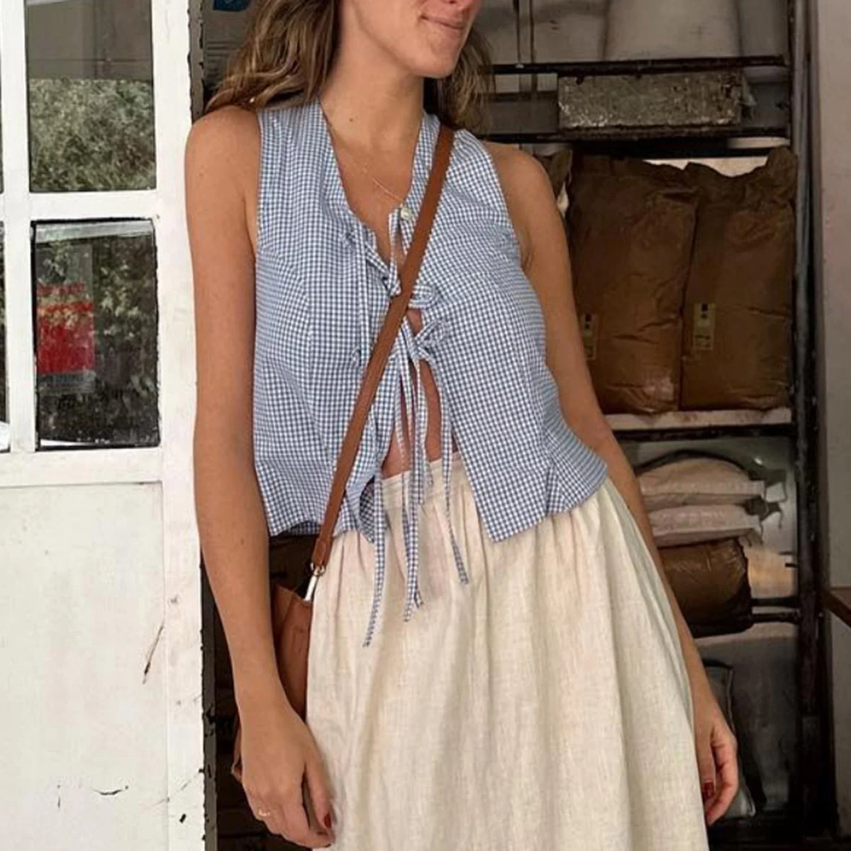 Y2k Tie Front Tank Top for Women Sleeveless Gingham Peplum Crop Top Cute Striped Ruffle Hem Summer Babydoll Vest