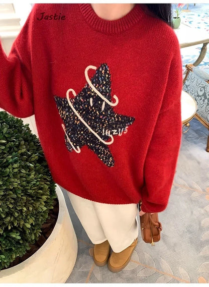 Creative Star Jacquard Cute Christmas Sweater 2025 New Round Neck Fashion Women Winter Pullover Top