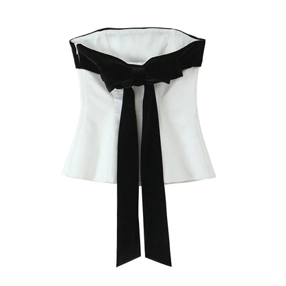 New In Women's Patchwork Velvet Strapless Bustier Tops Straight Neck Side Zipper Bow Camis Female Sexy Fashion Party Wrap Tanks