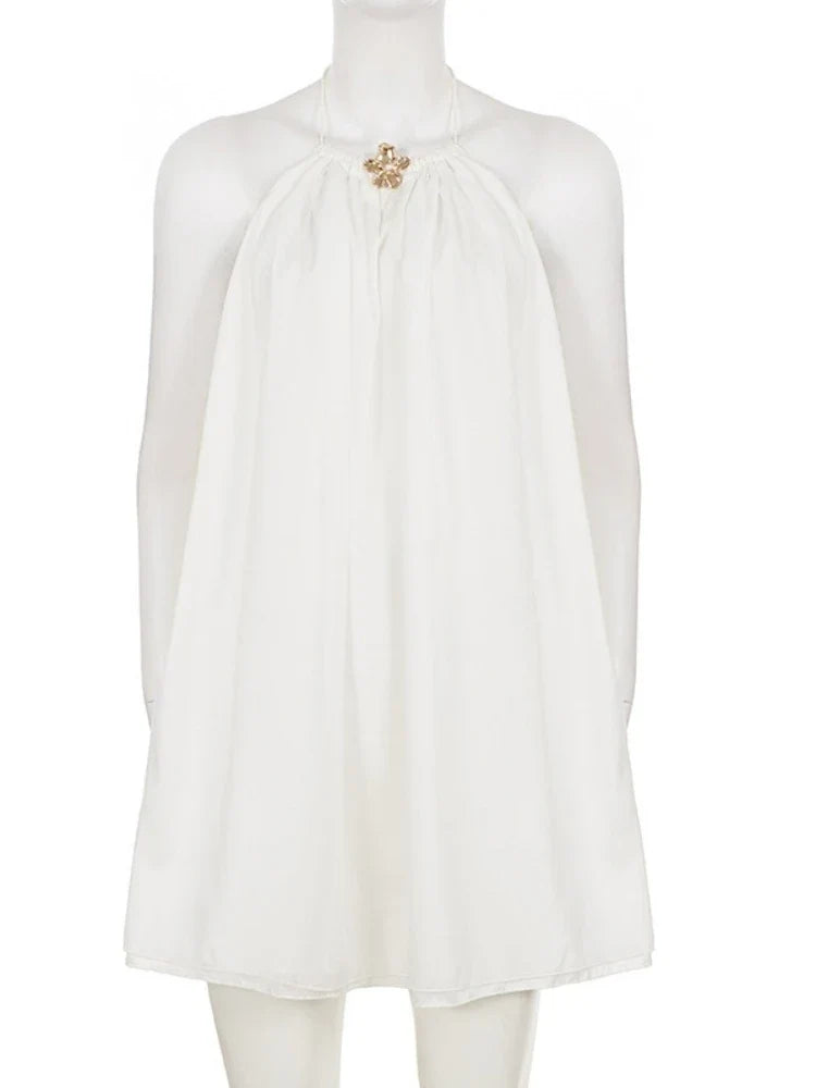 Sexy Beach Party Chiffon Dress Women Elegant White 3d Floral Metal Halter Sleeveless Backless A Line Short Summer Dress