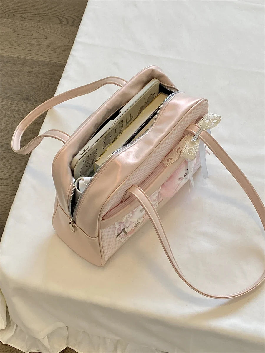 Sweet Girl Japanese Original Pink Plaid Small Capacity Transparent Pain Bag Baby Bag Two-dimensional Student Shoulder Bags