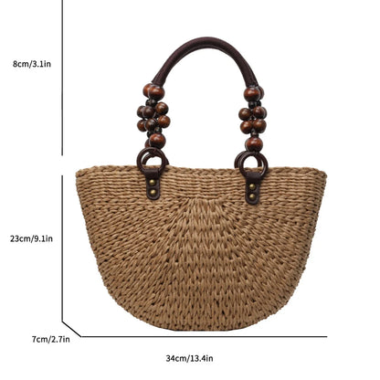 Khaki Straw Bag For Women Half Moon Design Beach Shoulder Bag With Short Handle Tote Summer Travel Handbag Fashion Handmade Bag