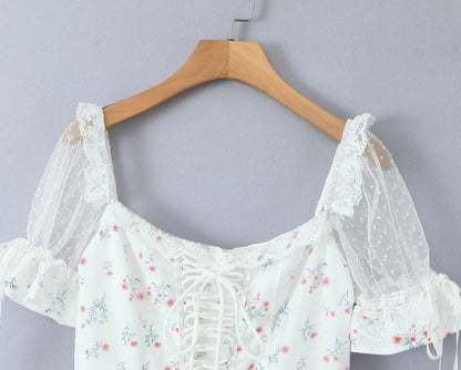 Pastoral Floral Tie-up Polka Dot Mesh Lace Dress 2025 Summer Square Neck Short Sleeve Women Dresses Casual Beach Holiday Dress
