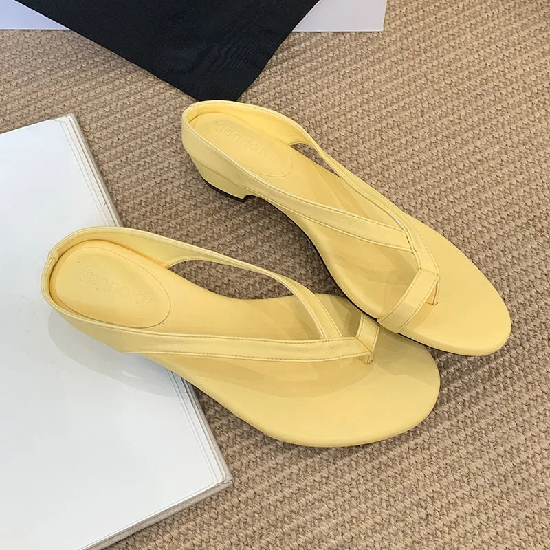 Luxury Footwear Low Heel Women Slippers Flip flops Shoes Fashion Round Toe Ladies Heeled Slippers Shoes Female Slides Sandals
