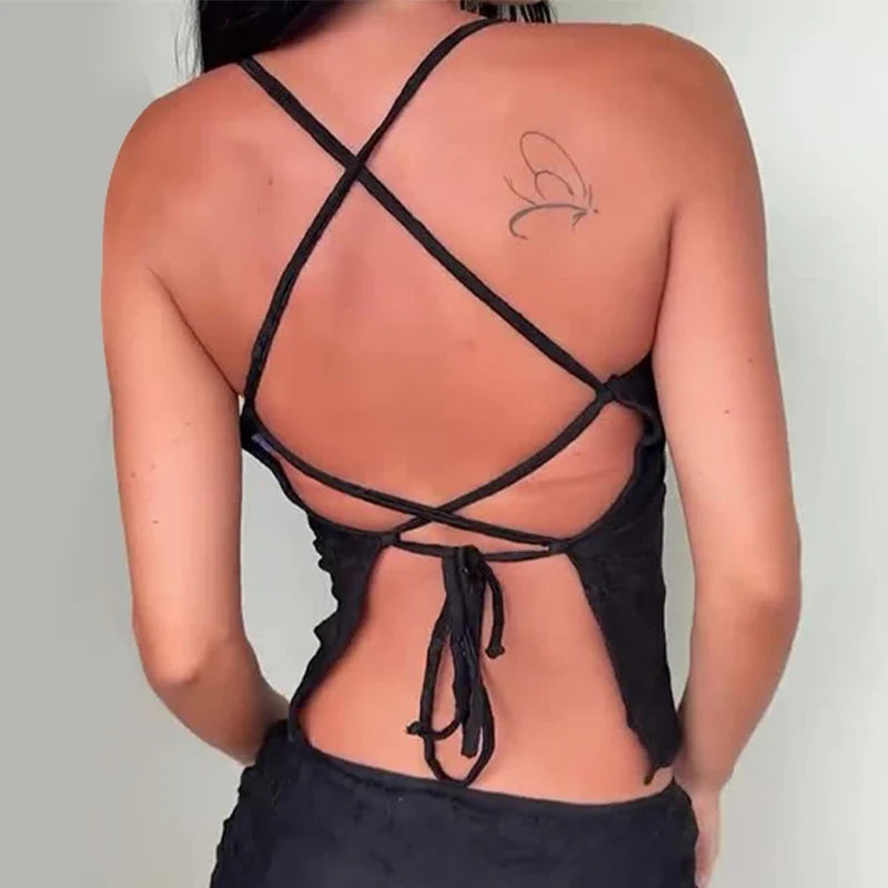Sexy Lace Women Camisole Backless Lace-up Summer Beach Style Boho Chic Tank Top Y2K Fitted Cute Crop Top See Through