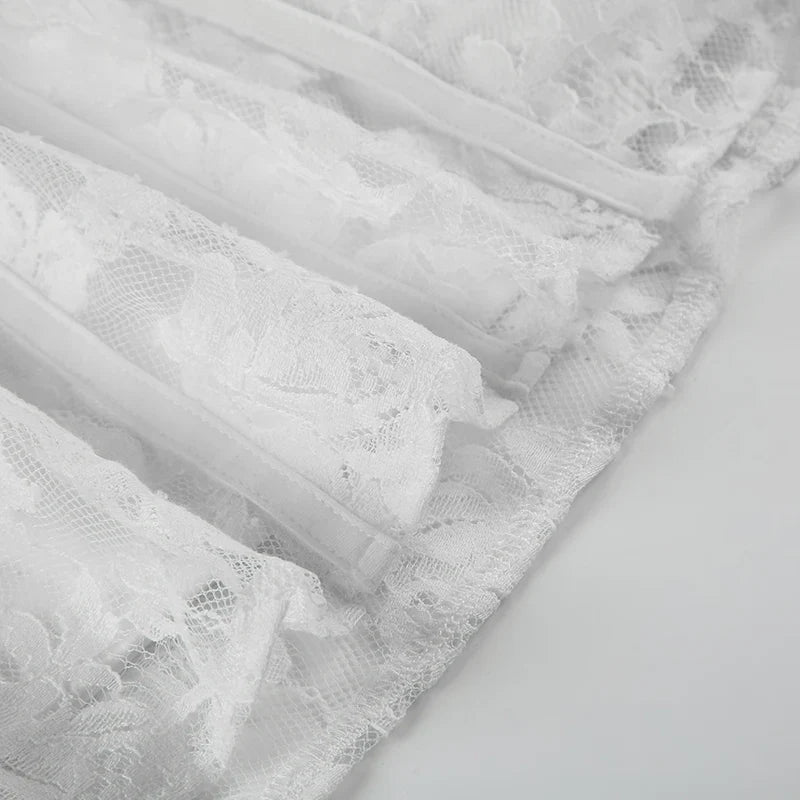 Elegant Fairy White Corset A-line Dress See Through Lace Square Collar Sexy Long Sleeve Short Dresses Aesthetic Sweet