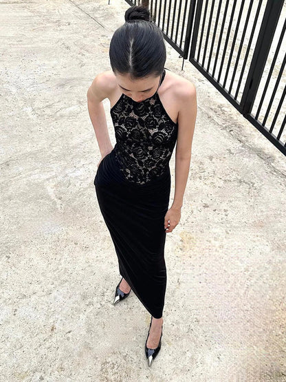 Halter Neck Floral Lace Bodice Column Maxi Dress
