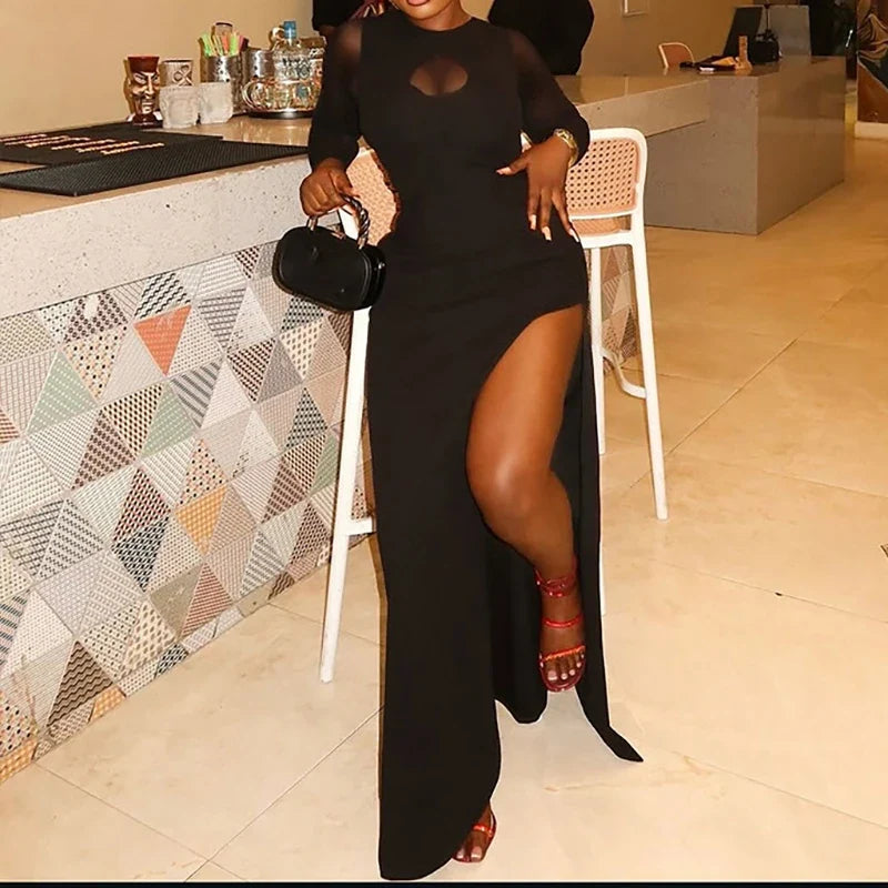 Elegant High Split Slim Wrap Hips Dress Lady See-through Sleeve Solid Evening Dresses Sexy Mesh O-neck Hollow Out Bodycon Dress