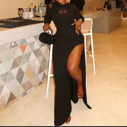 Elegant High Split Slim Wrap Hips Dress Lady See-through Sleeve Solid Evening Dresses Sexy Mesh O-neck Hollow Out Bodycon Dress