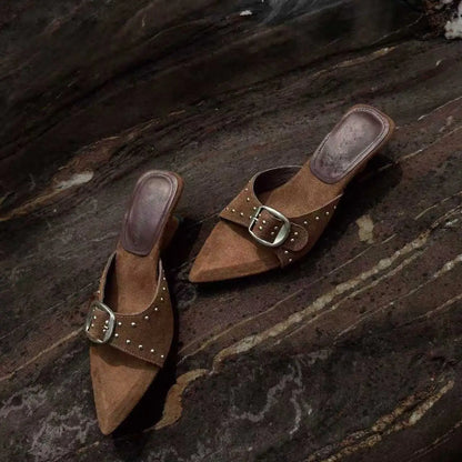 Retro Rivet Women's Pumps and Heels French Pointed Toe Strap Summer Luxury Women's Sandals Fashion Open-toed Wedge Shoe
