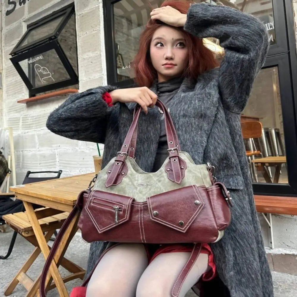 Women's Fashion PU Leather Shoulder Bag Large Capacity Crossed Color Cowboy Backpack Multifunctional Underarm Bag Casual Outing